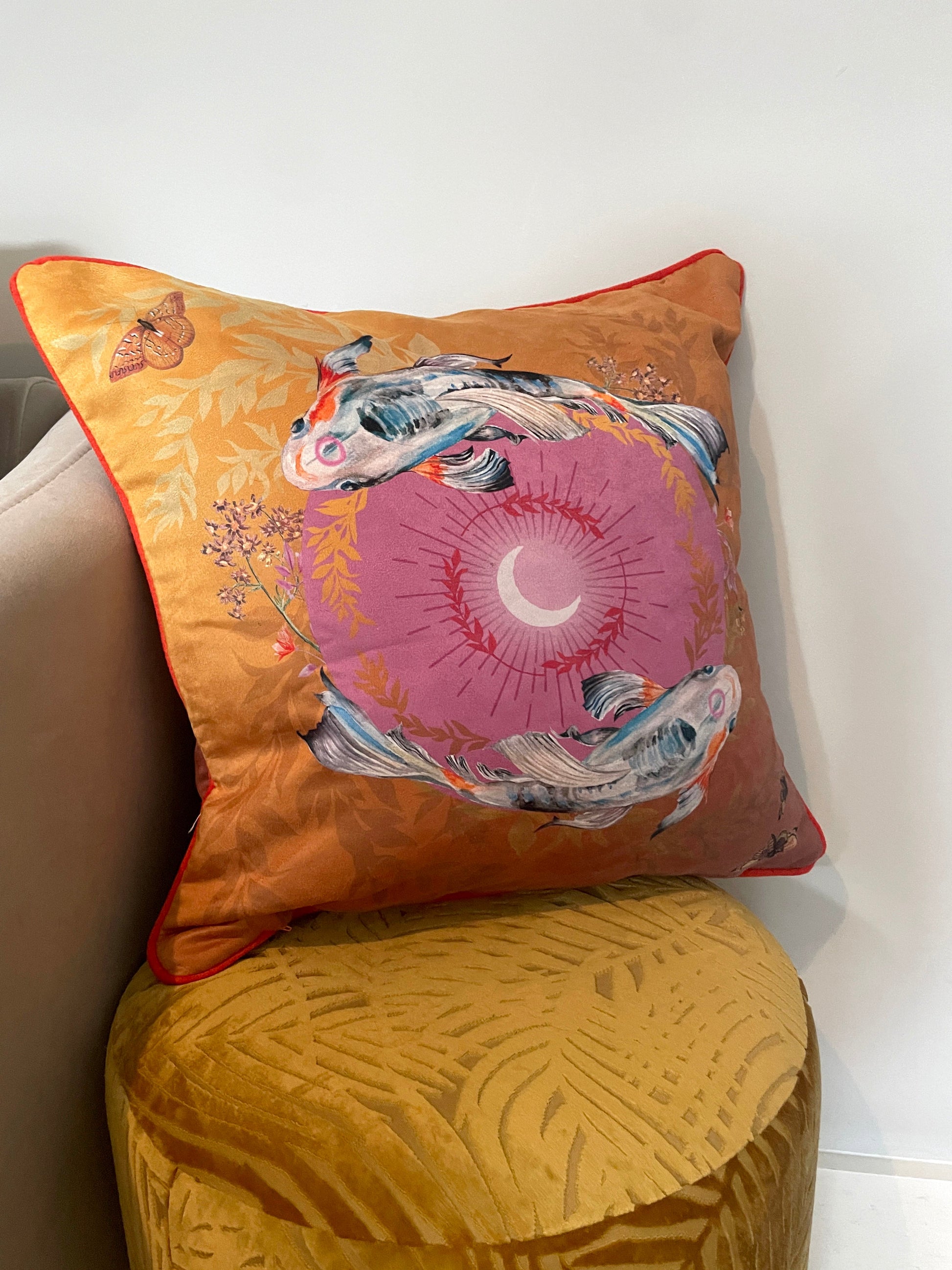Koi watercolour art Cushion 'Golden pool' double sided design with fish illustration, made from Vegan friendly Suede