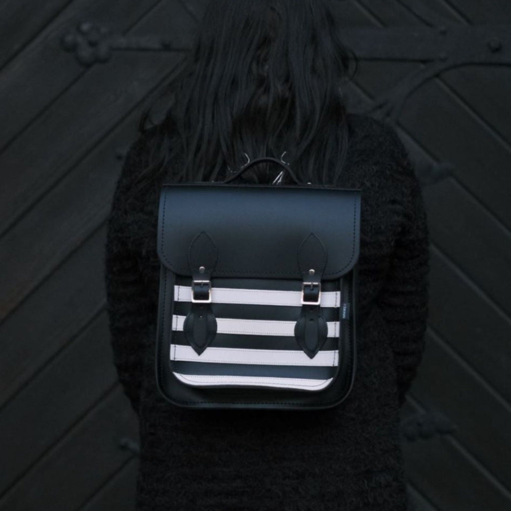 Handmade Leather City Backpack - Gothic Striped White & Black
