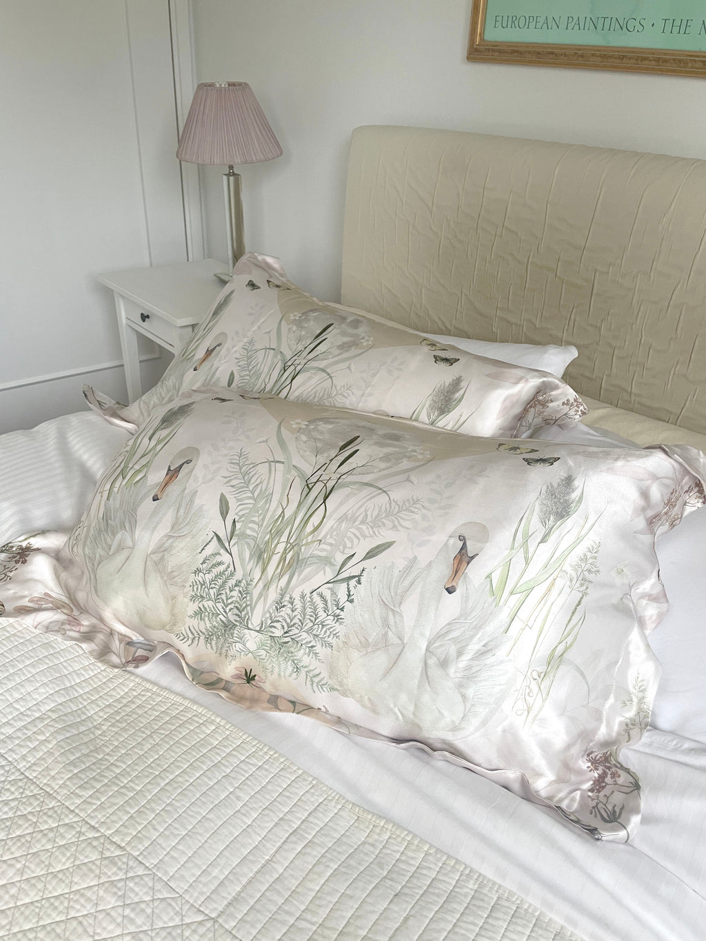Cream Silk Pillowcase with Hand Painted Graceful Print Standard Oxford