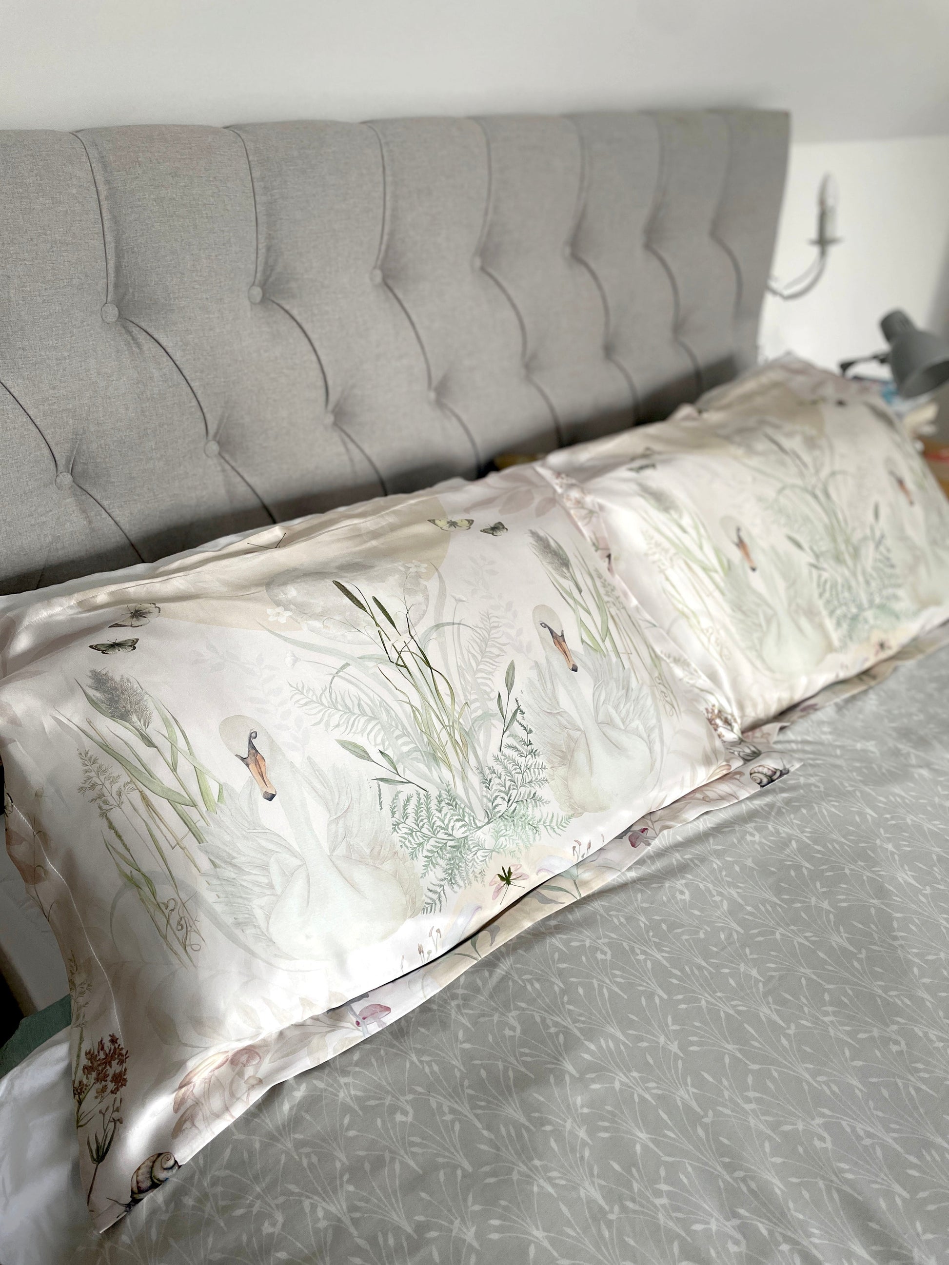 Cream Silk Pillowcase with Hand Painted Graceful Print Standard Oxford