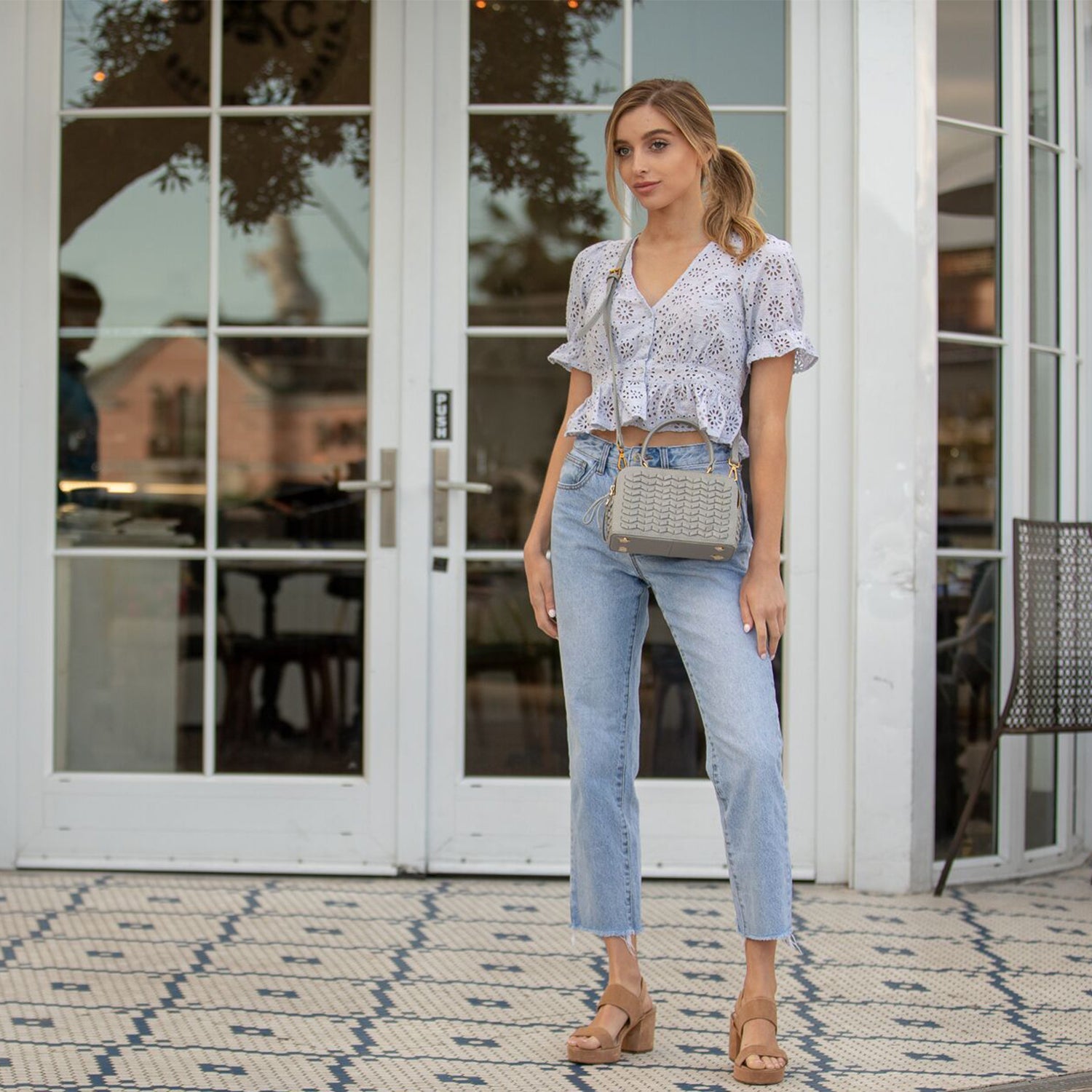 Light Gray Weave Leather Crossbody Purse
