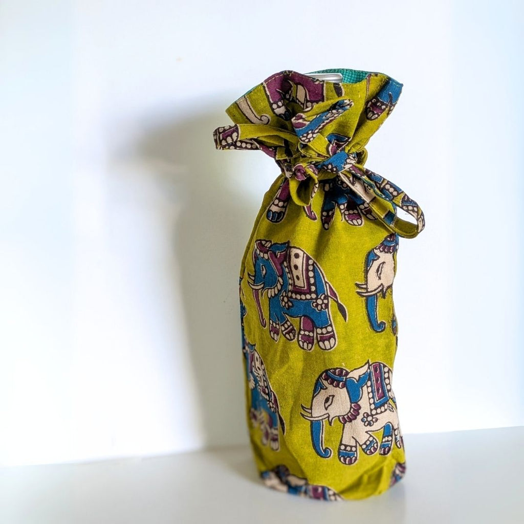 Eco Friendly Bottle Bags, Reusable Kalamkari Cotton Bottle Gift Bags, Ethically Handmade in India