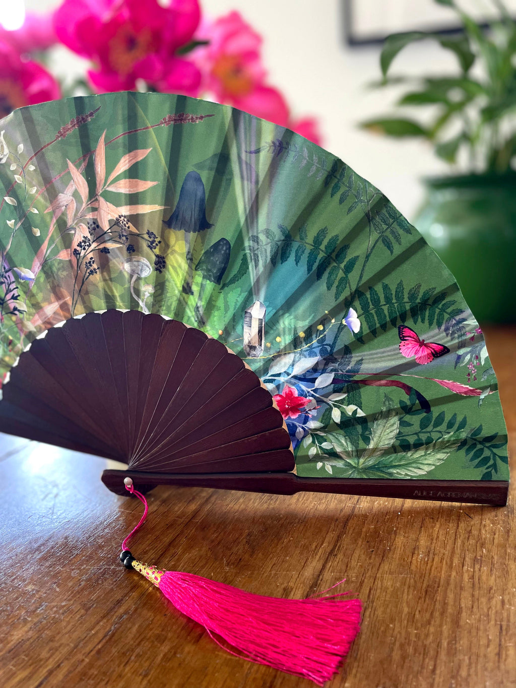Green Silk Hand Fan with Mushroom and Crystal Botanical Artwork