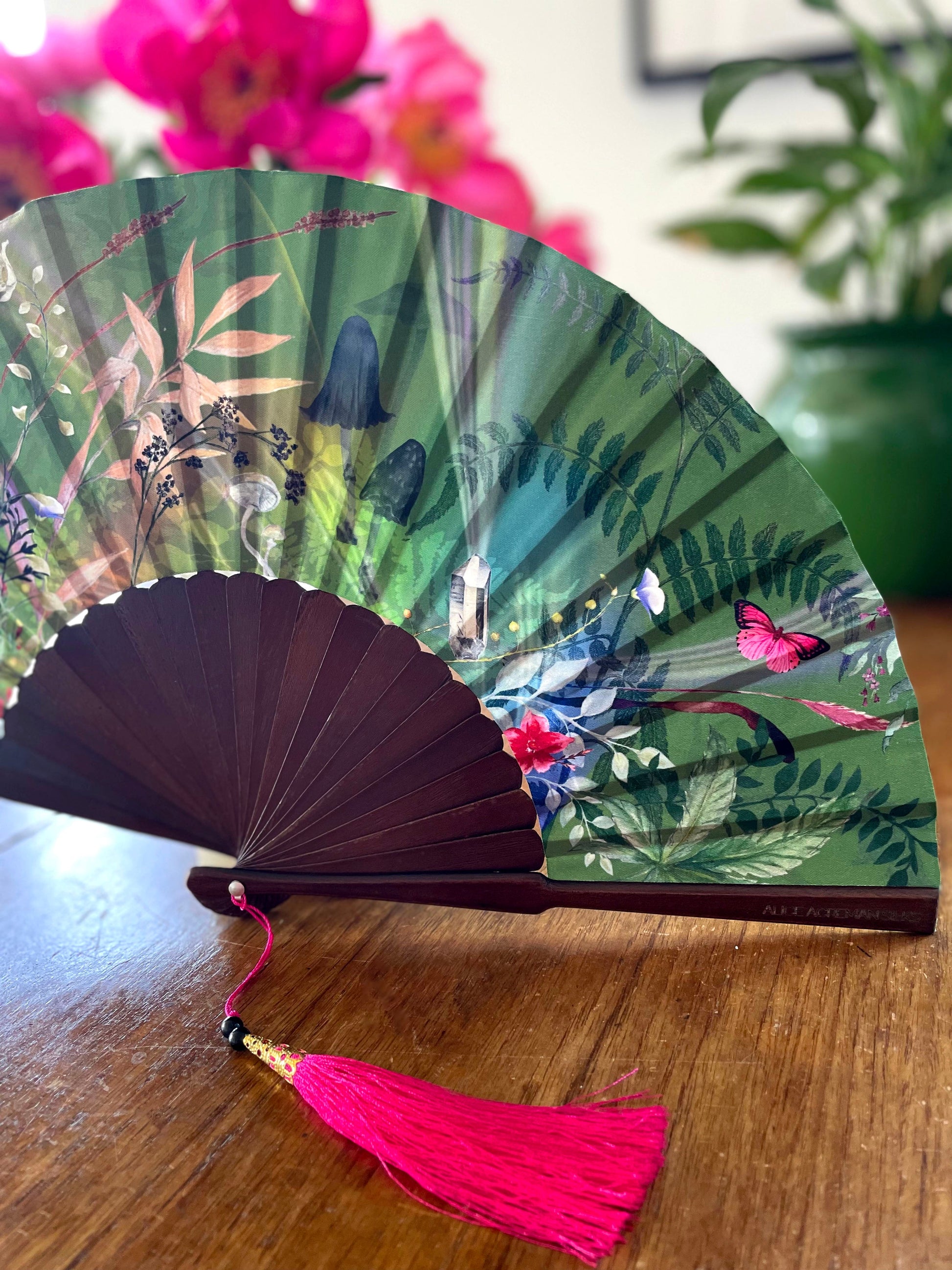 Green Silk Hand Fan with Mushroom and Crystal Botanical Artwork
