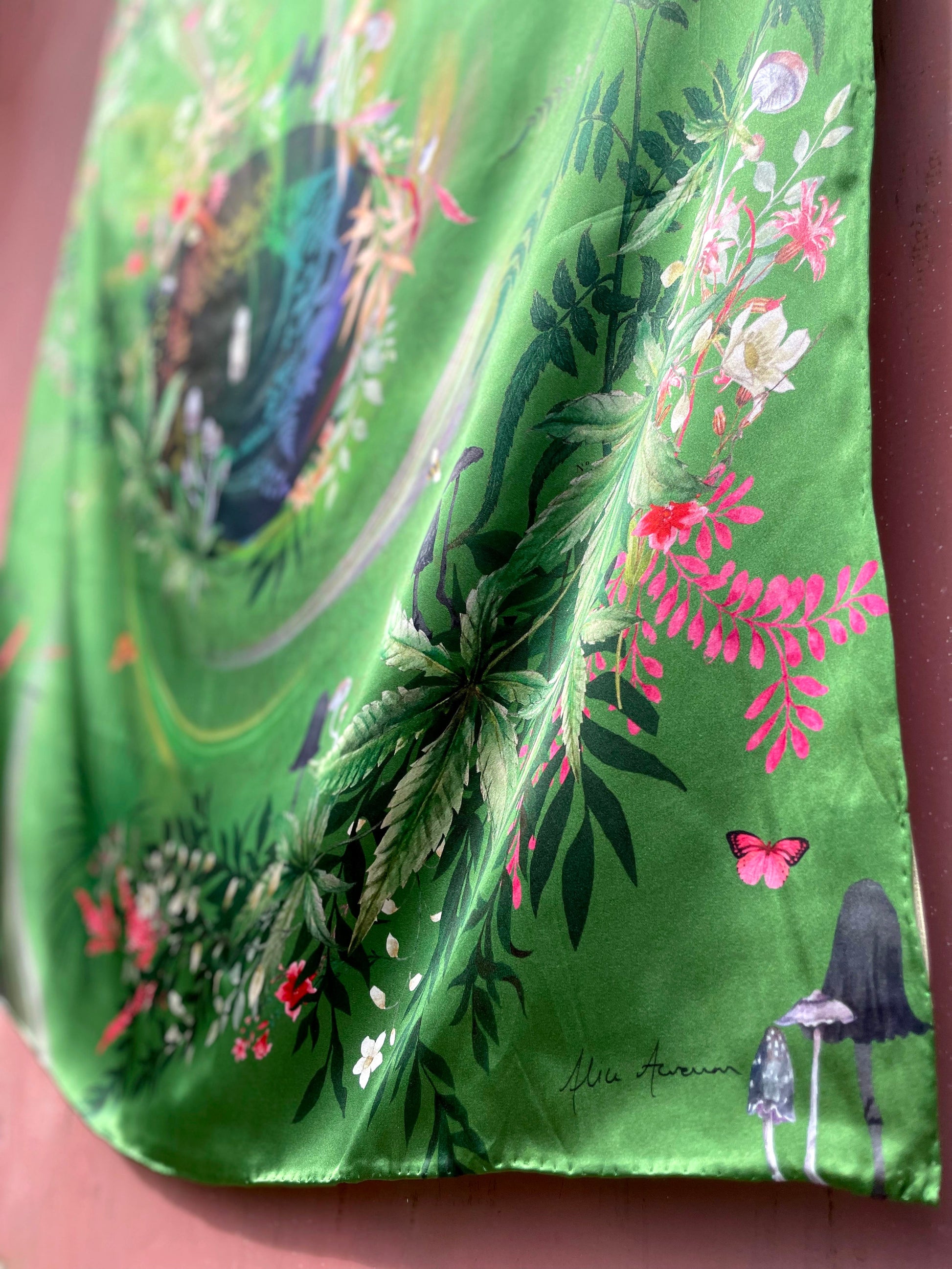 Large Green Silk Scarf with Mushroom and Crystal Evissa Print