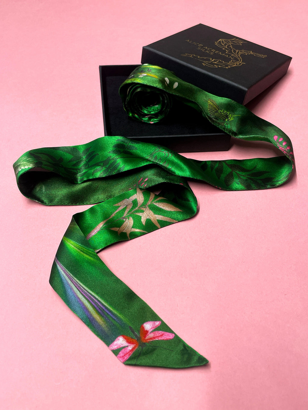 Green Silk Satin Greenery Floral Scarf with Insects and Gemstones