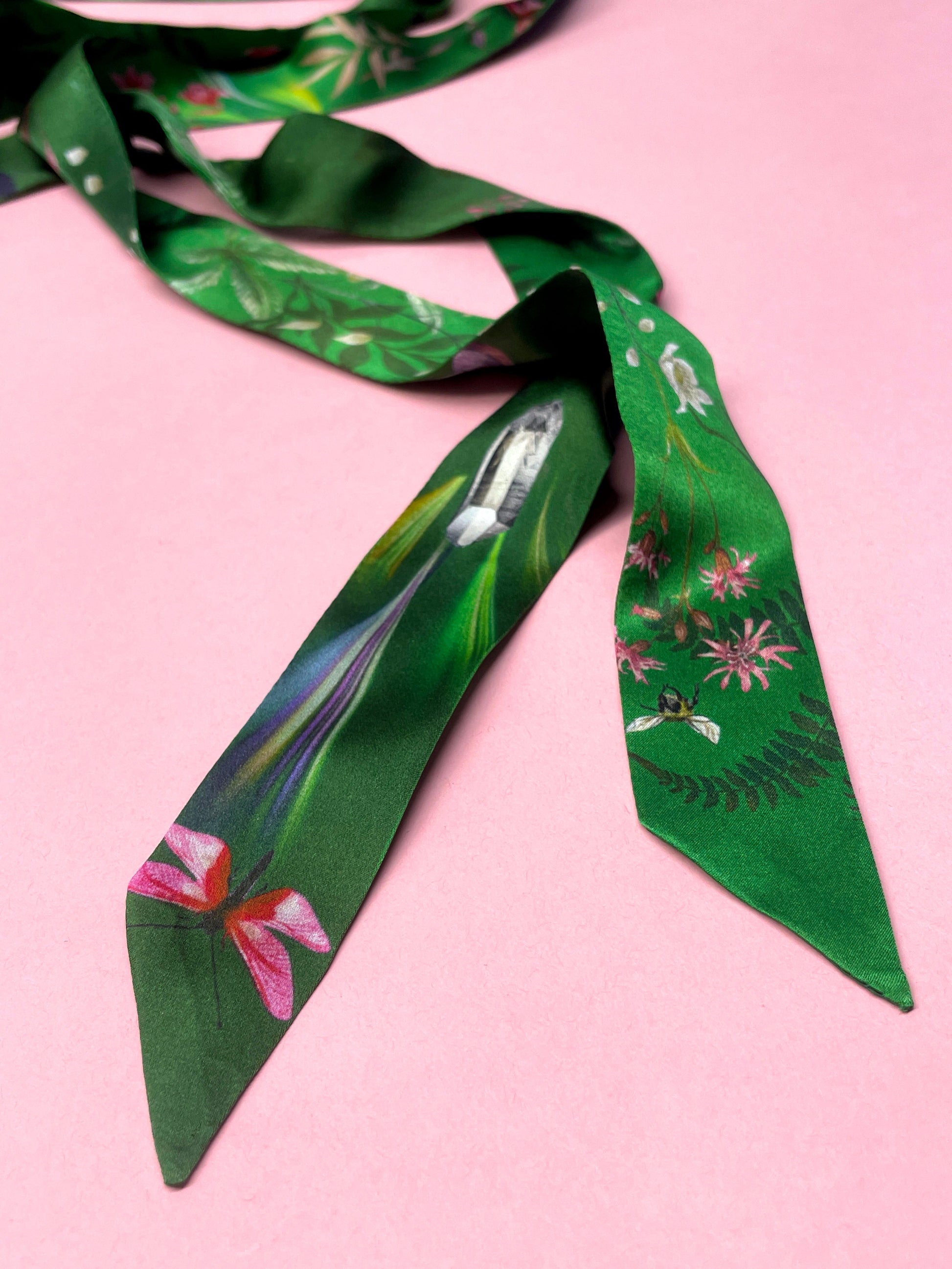 Green Silk Satin Greenery Floral Scarf with Insects and Gemstones