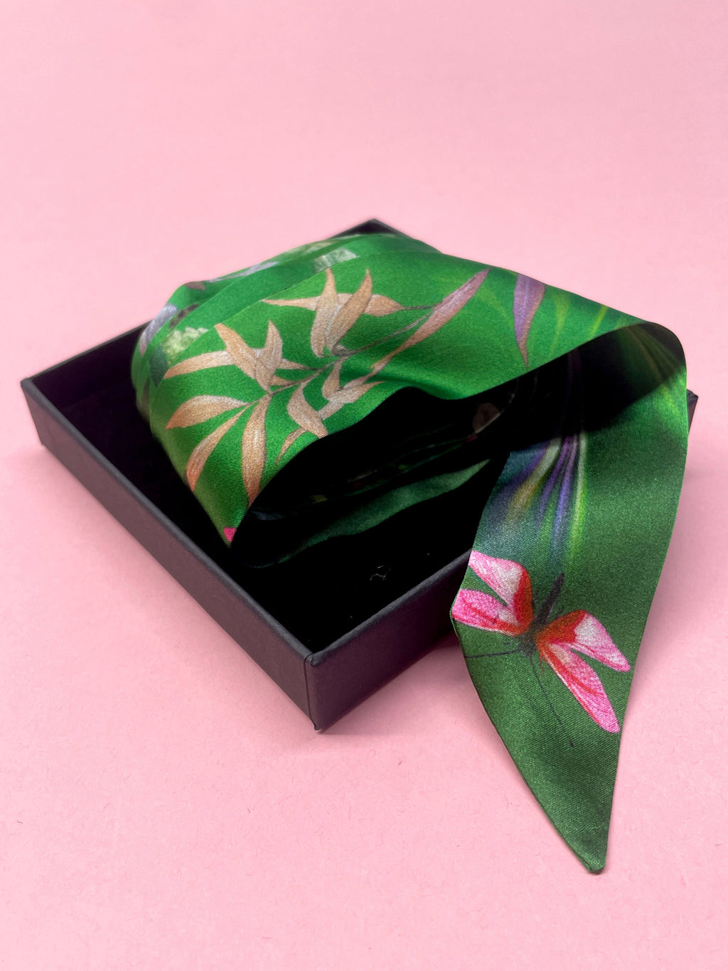 Green Silk Satin Greenery Floral Scarf with Insects and Gemstones
