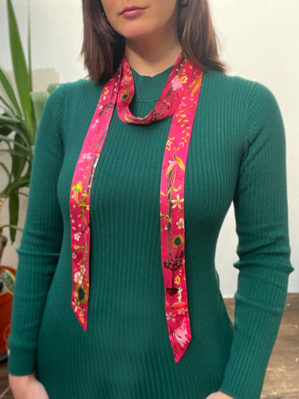 Hot Pink Silk Satin Ultra Skinny Scarf with Sunflowers