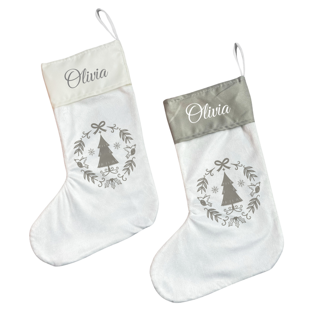 Personalised Christmas Stocking Grey Scandi Wreath