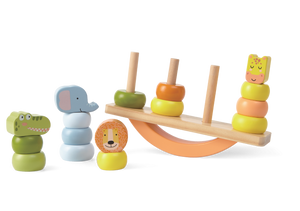 confident toddler mastering the wooden animal balance game on a swing