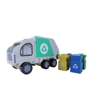 confident shot of a wooden garbage truck with four color-coded waste bins for eco-learning