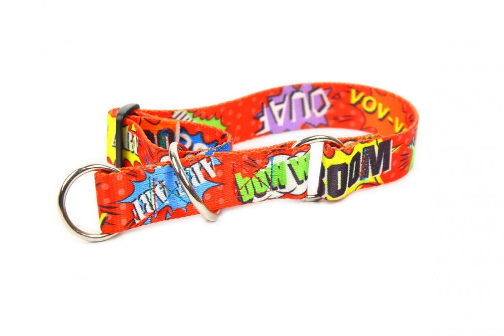 soft red graffiti half choke dog collar with polished steel hardware on a neutral background