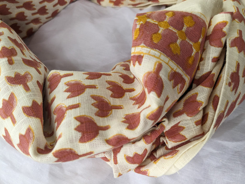 Hand block printed scarf, Indian cotton, red yellow flowers