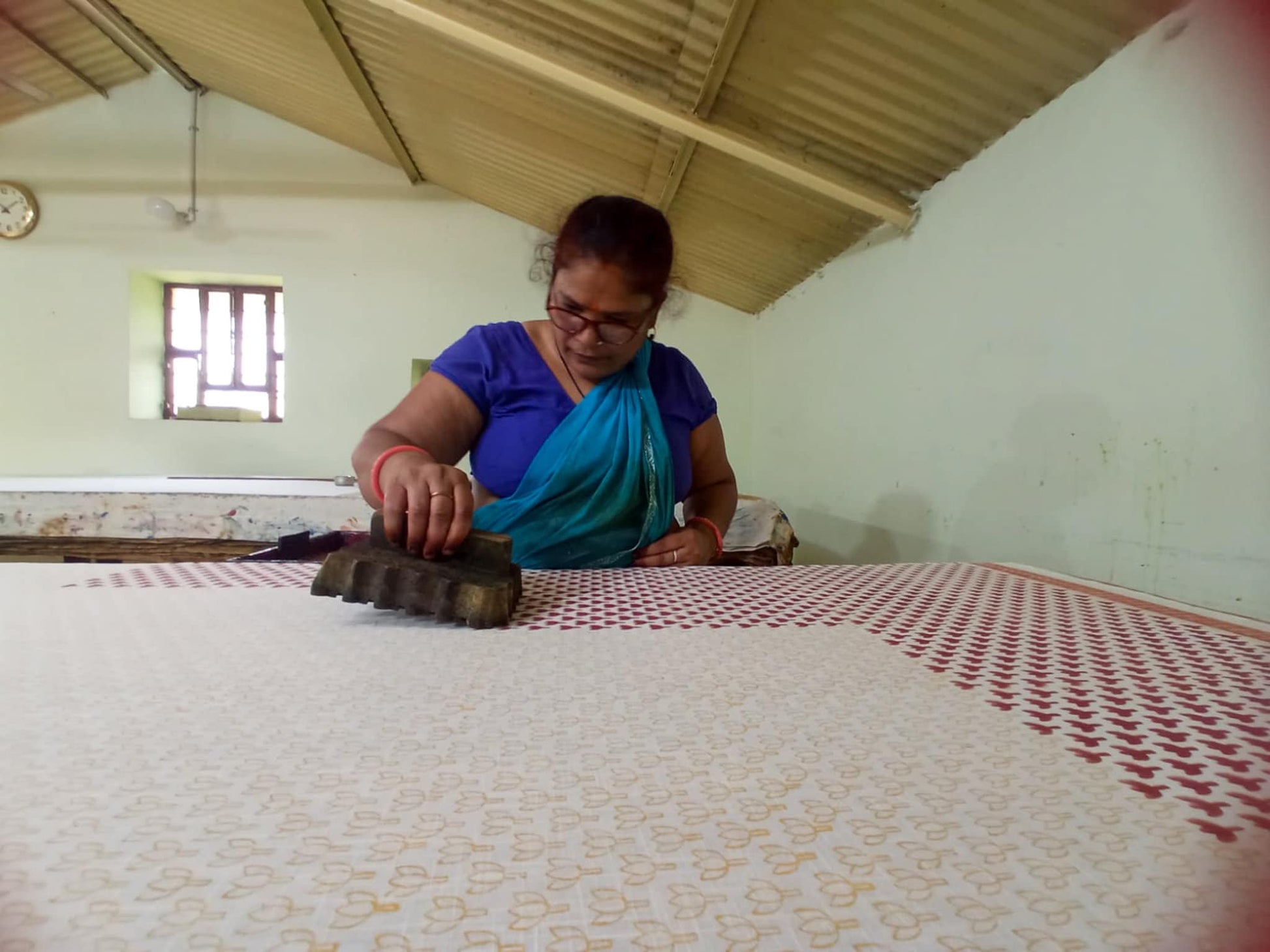 Hand block printed scarf, Indian cotton, red yellow flowers