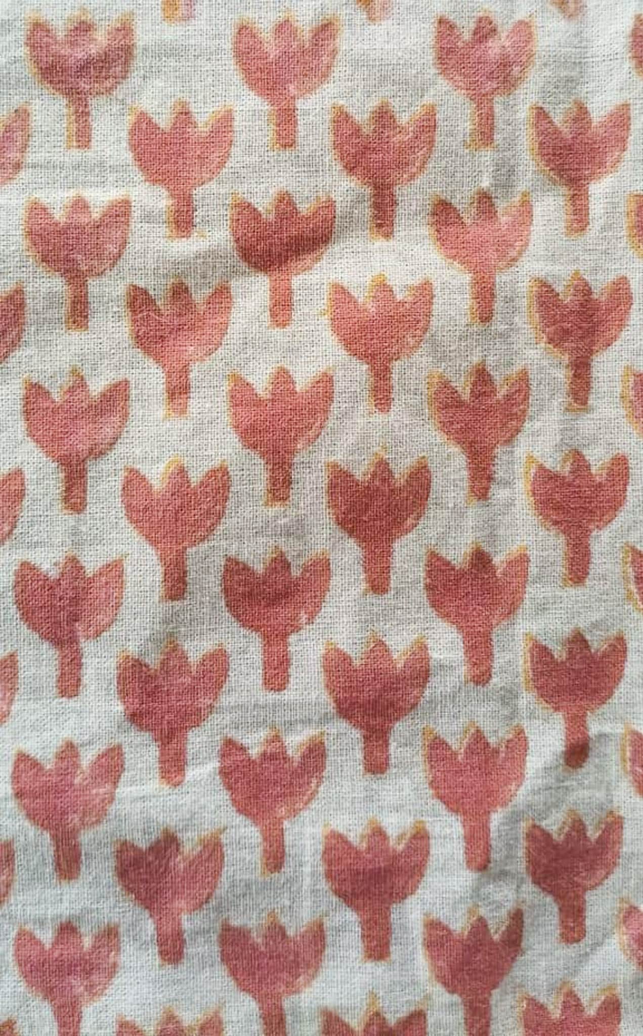 Hand block printed scarf, Indian cotton, red yellow flowers