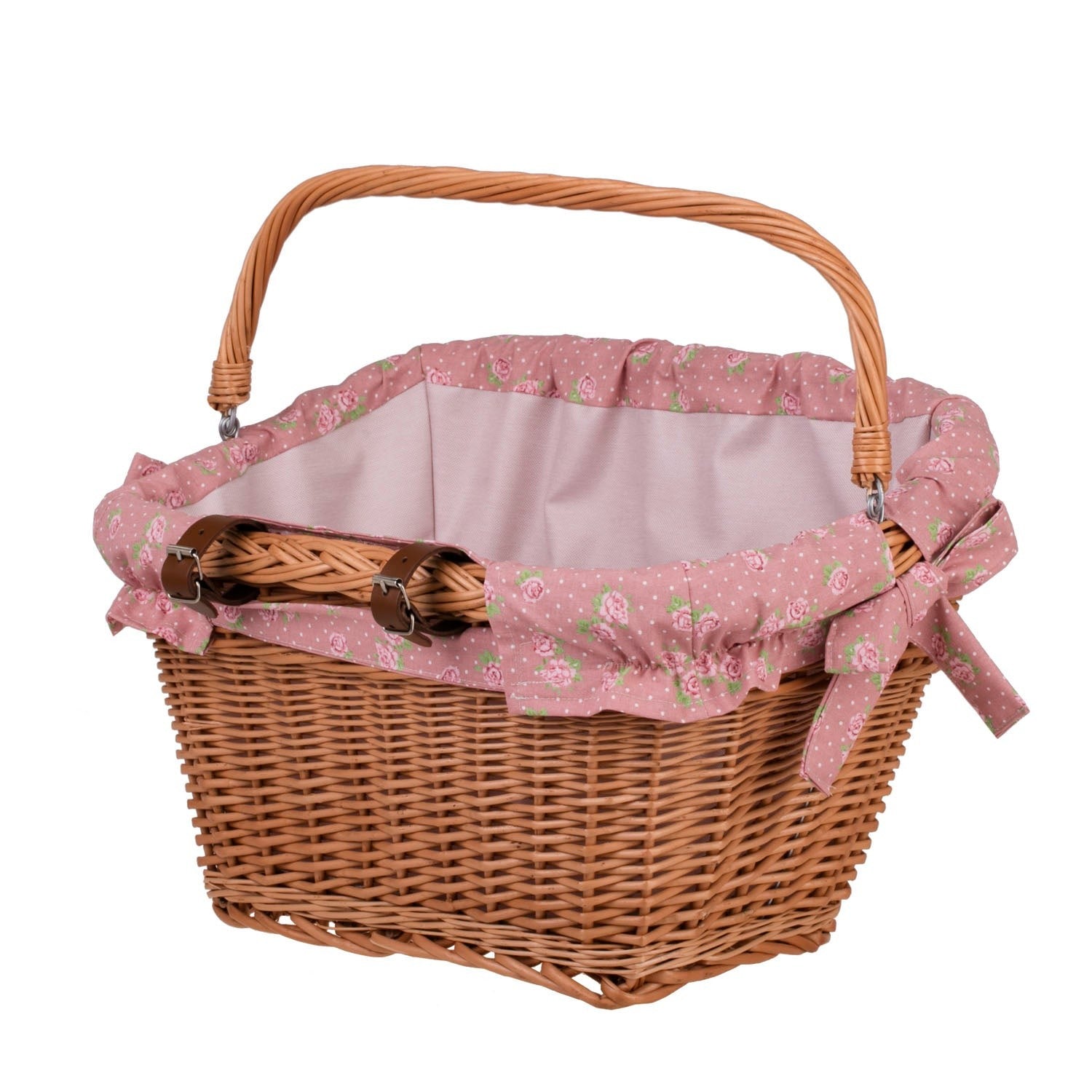 practical willow bike basket with cotton liner attached to a city bike for carrying groceries