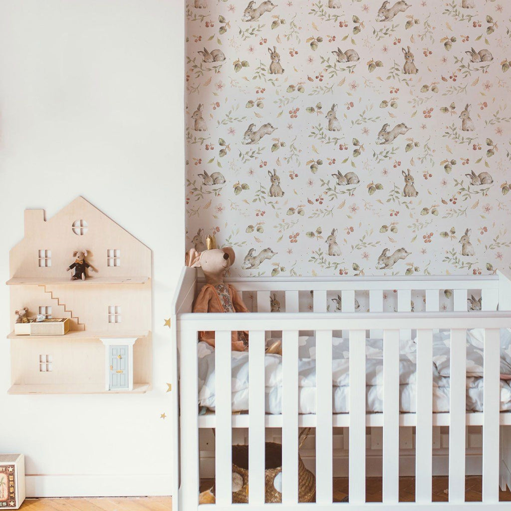 soft morning light on happy rabbits wallpaper for a child's cozy nursery