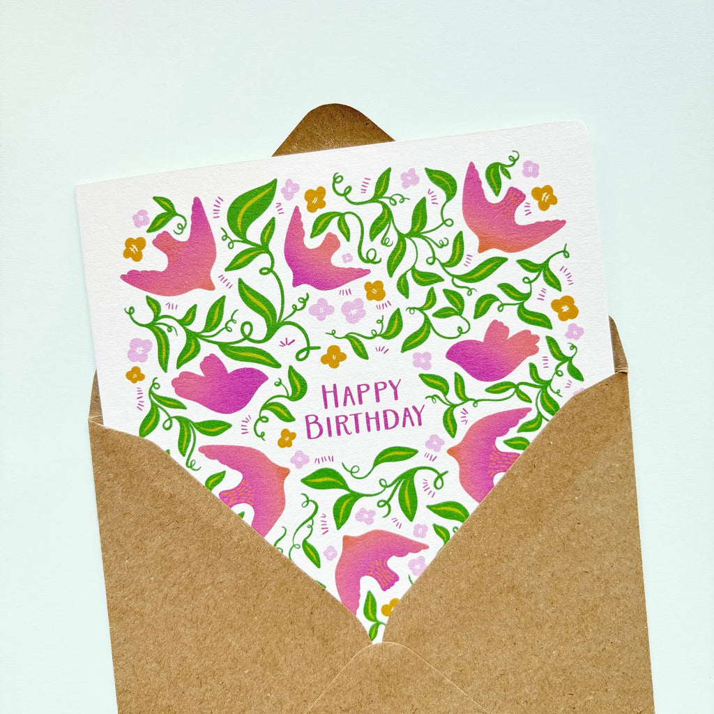 Hand Drawn Birthday Card with Foliage and Birds for Her