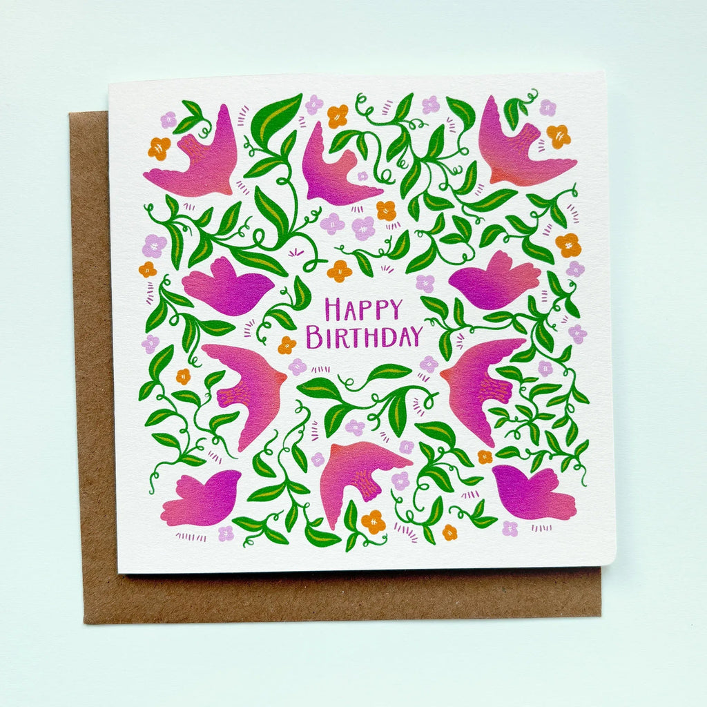 Hand Drawn Birthday Card with Foliage and Birds for Her