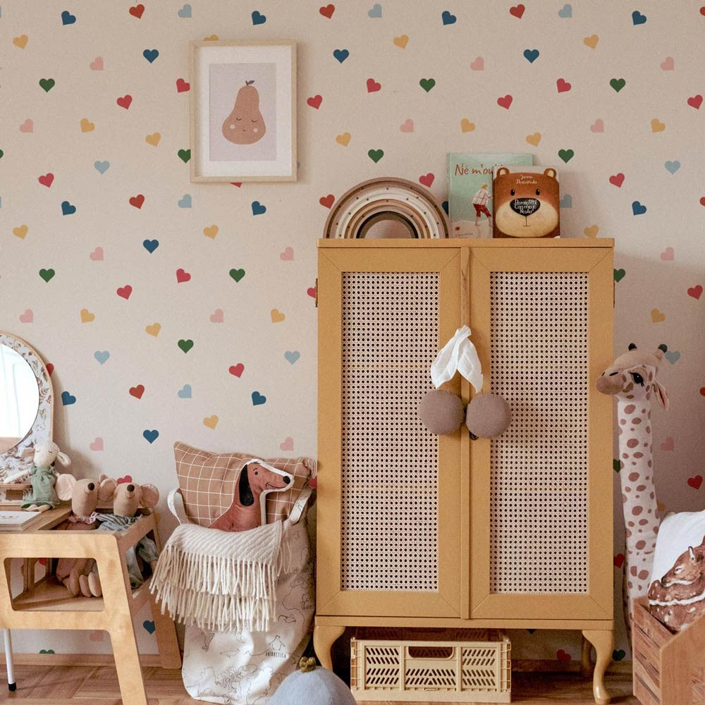 bold close-up of vibrant multicolor hearts wallpaper for a dynamic kids room accent wall