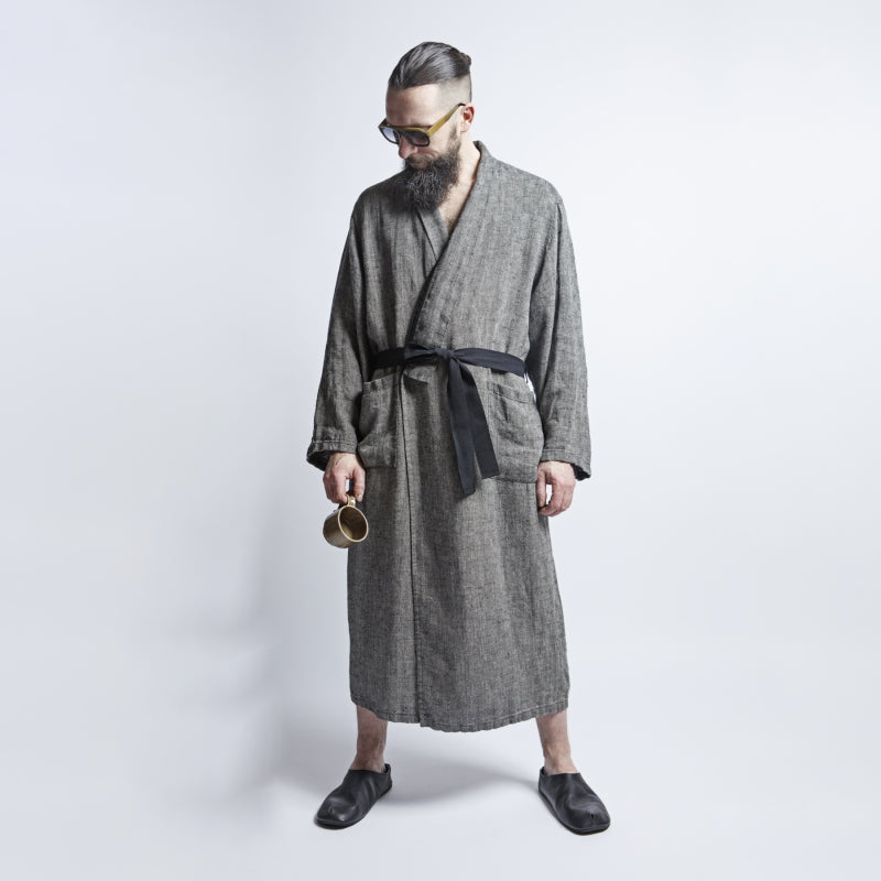 Unisex Linen Bathrobe – Grayish-Black with Pockets & Belt by KOOSdisain at www.brixbailey.com