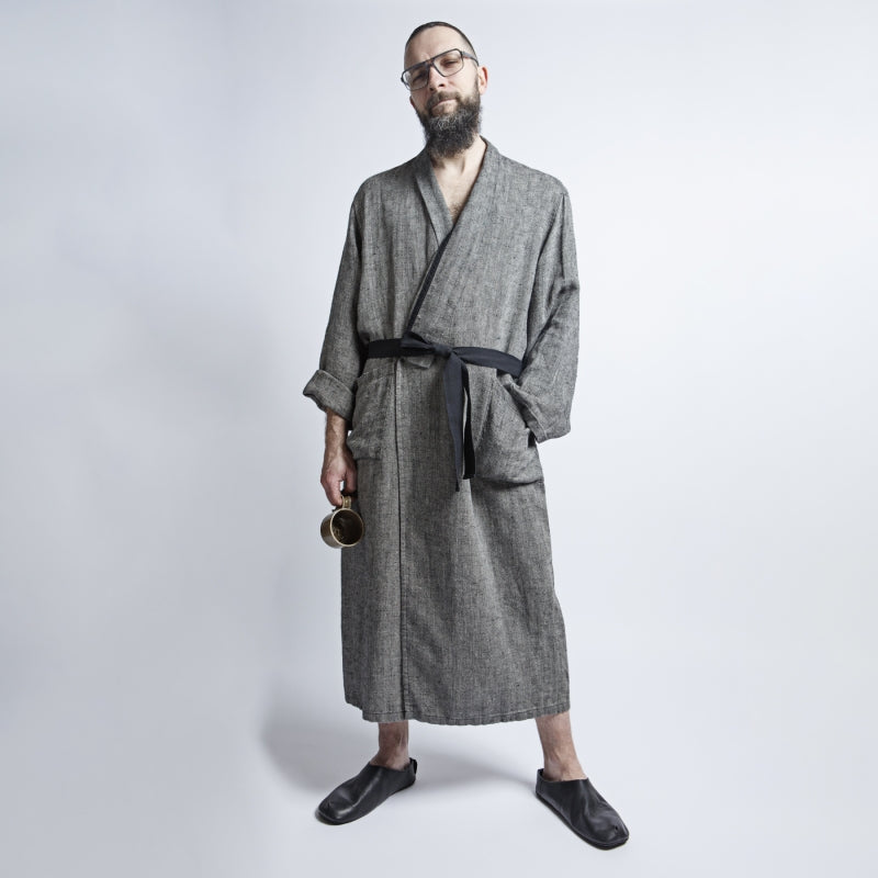 Unisex Linen Bathrobe with Pockets – Dark Grayish-Black Fishtail Pattern by KOOSdisain at www.brixbailey.com