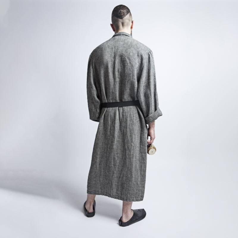 Unisex Linen Bathrobe with Pockets – Grayish-Black Fishtail Pattern by KOOSdisain at www.brixbailey.com