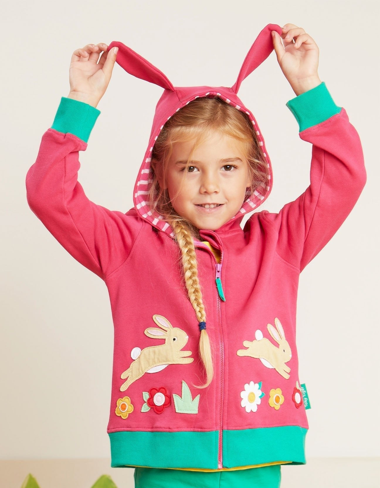 Organic Leaping Bunny Applique Hoodie in Pink