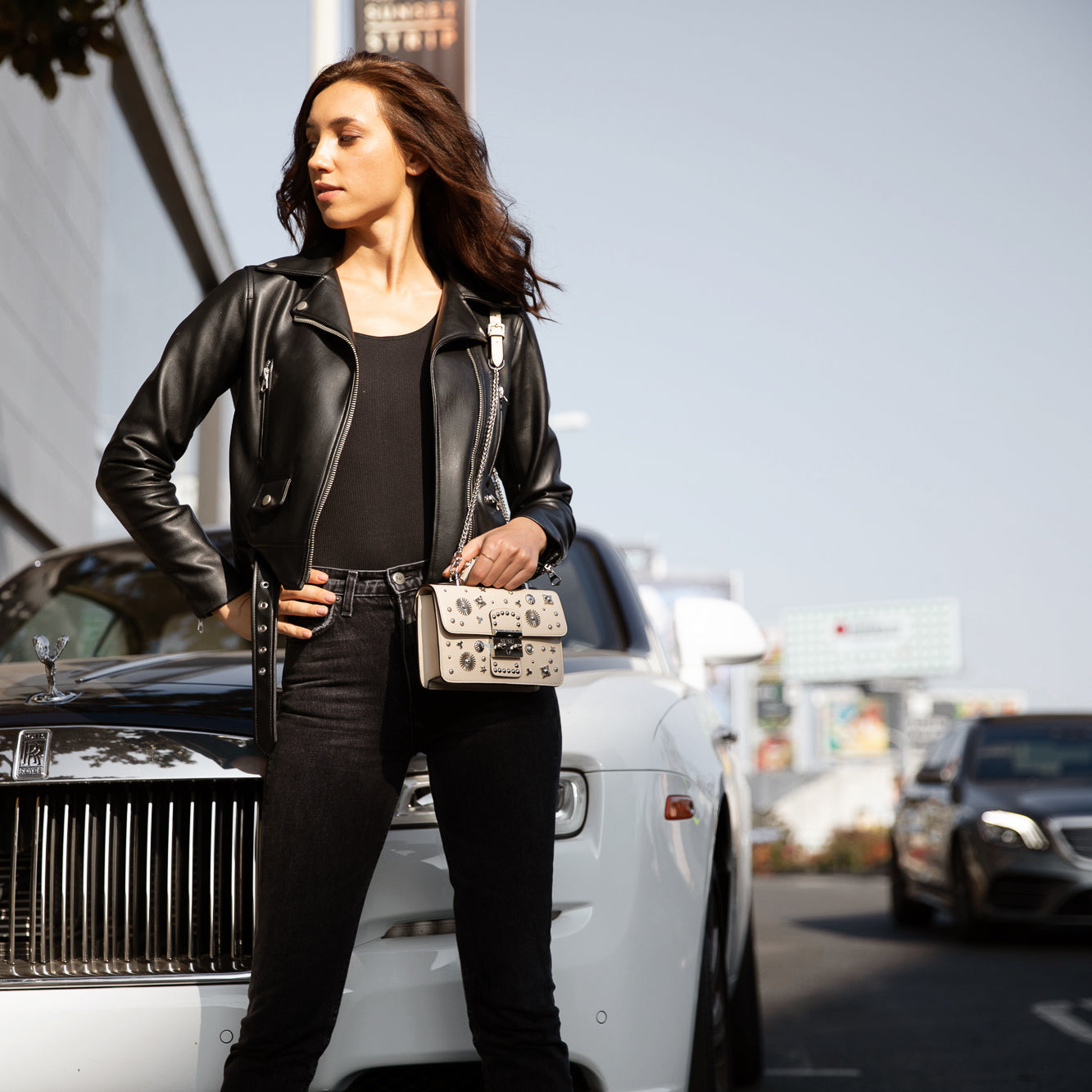 Small Studded Leather Crossbody Bag in Cream