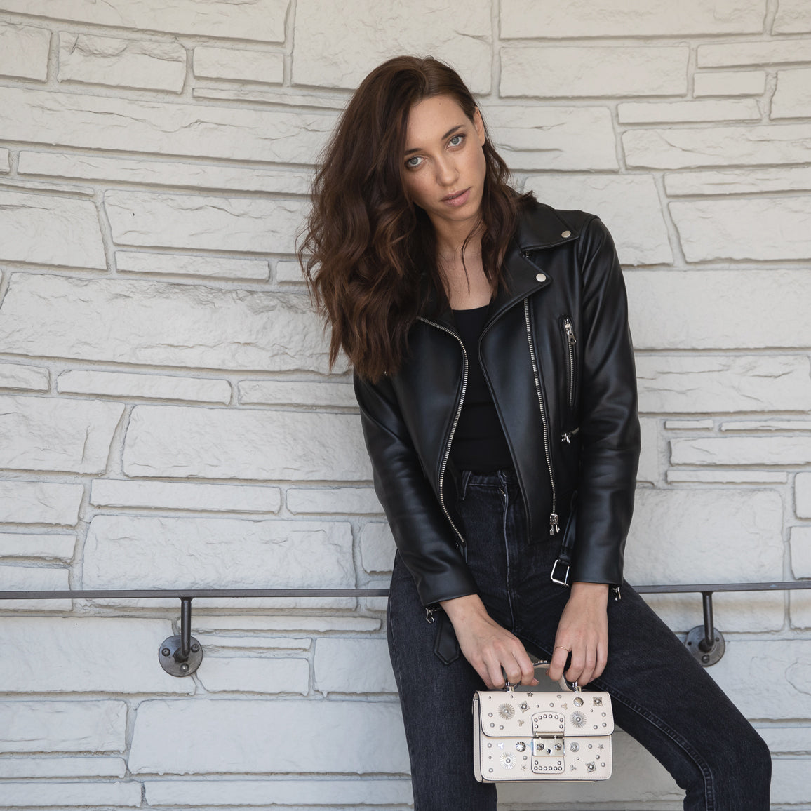 Small Studded Leather Crossbody Bag in Cream