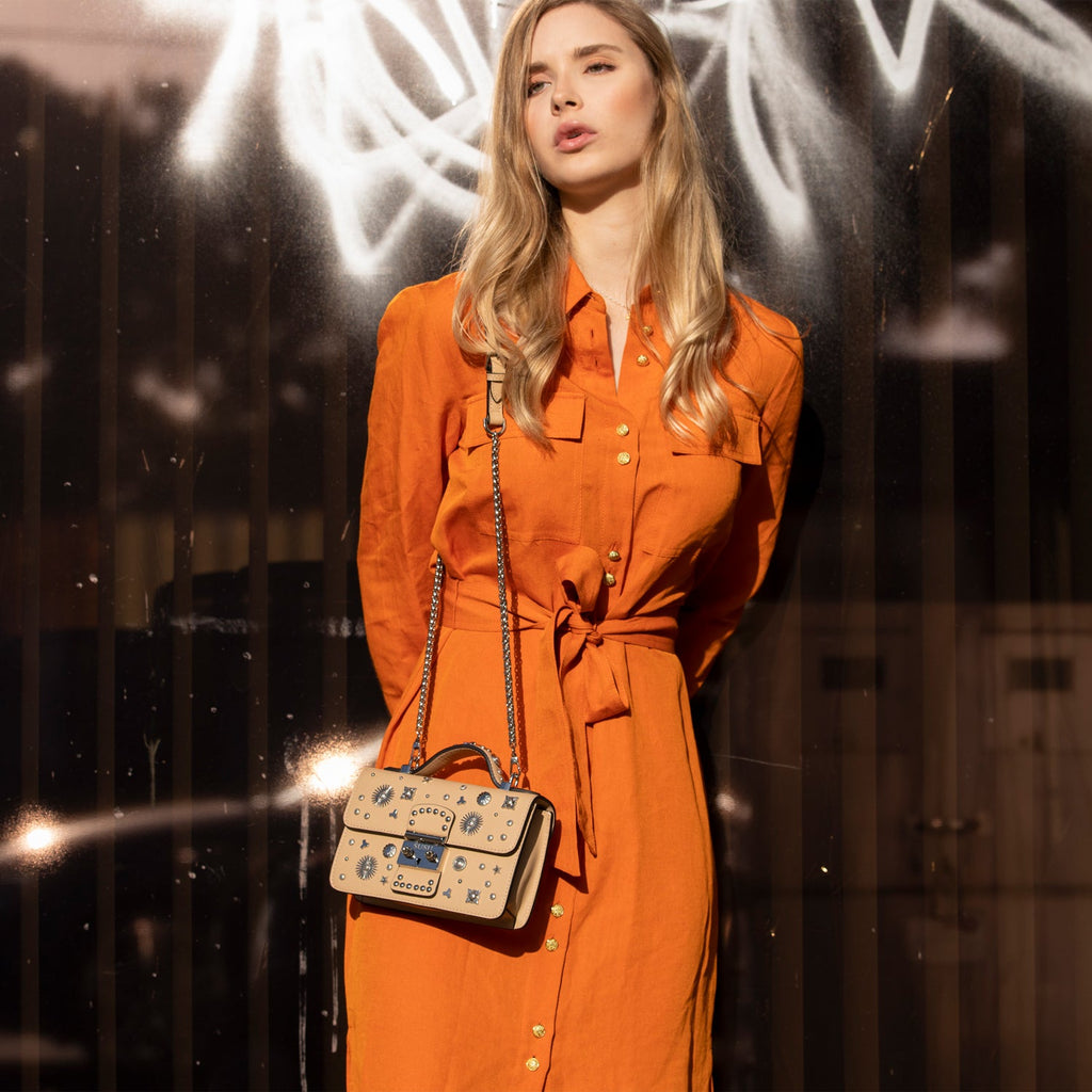 Small Leather Crossbody Bag with Studs in Tan