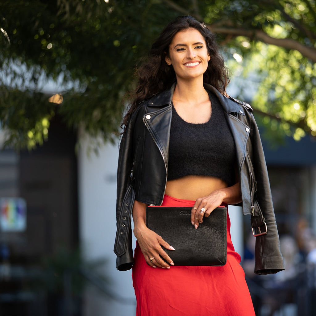 Black Leather iPad Clutch with Red Zipper