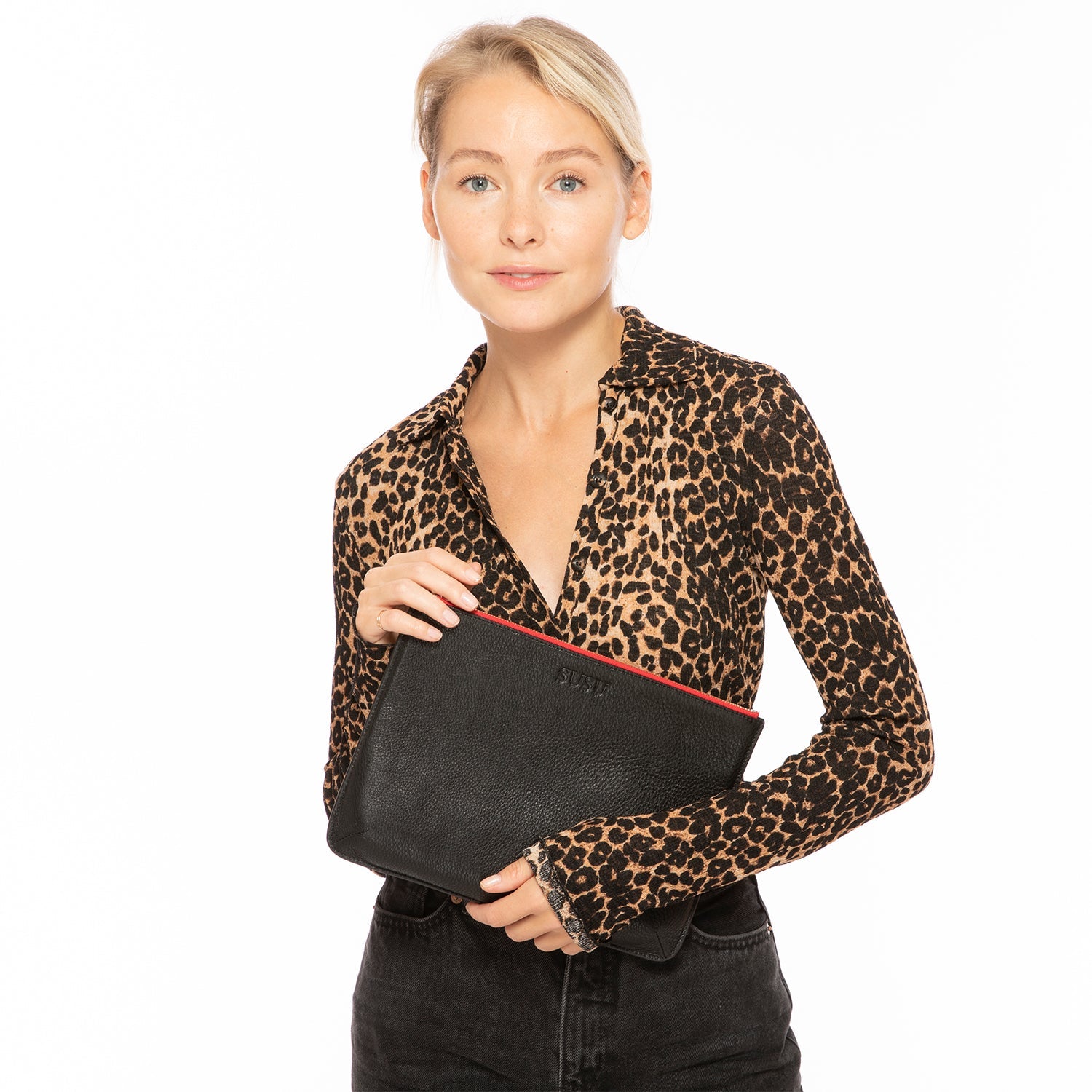 Black Leather iPad Clutch with Red Zipper