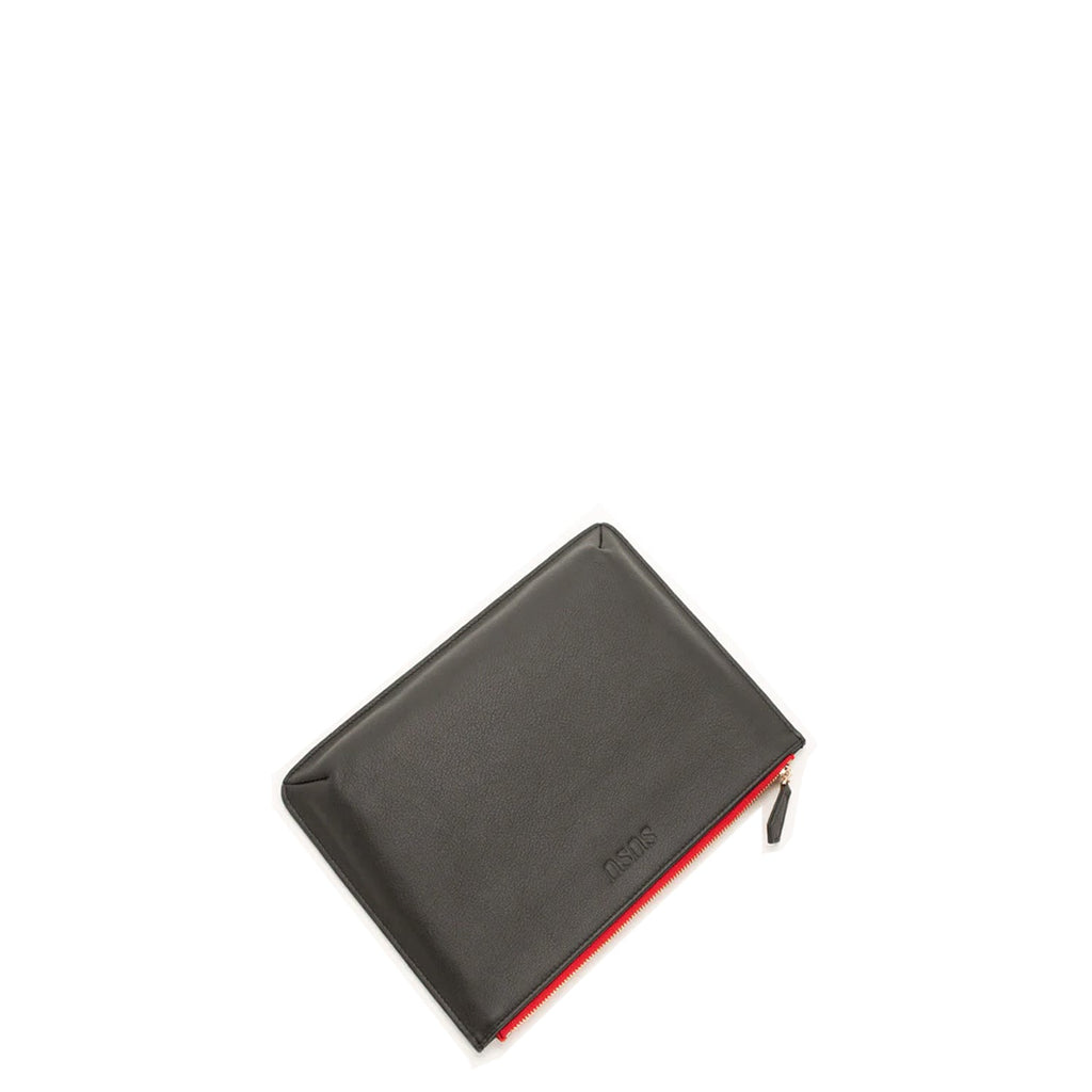 Black Leather iPad Clutch with Red Zipper