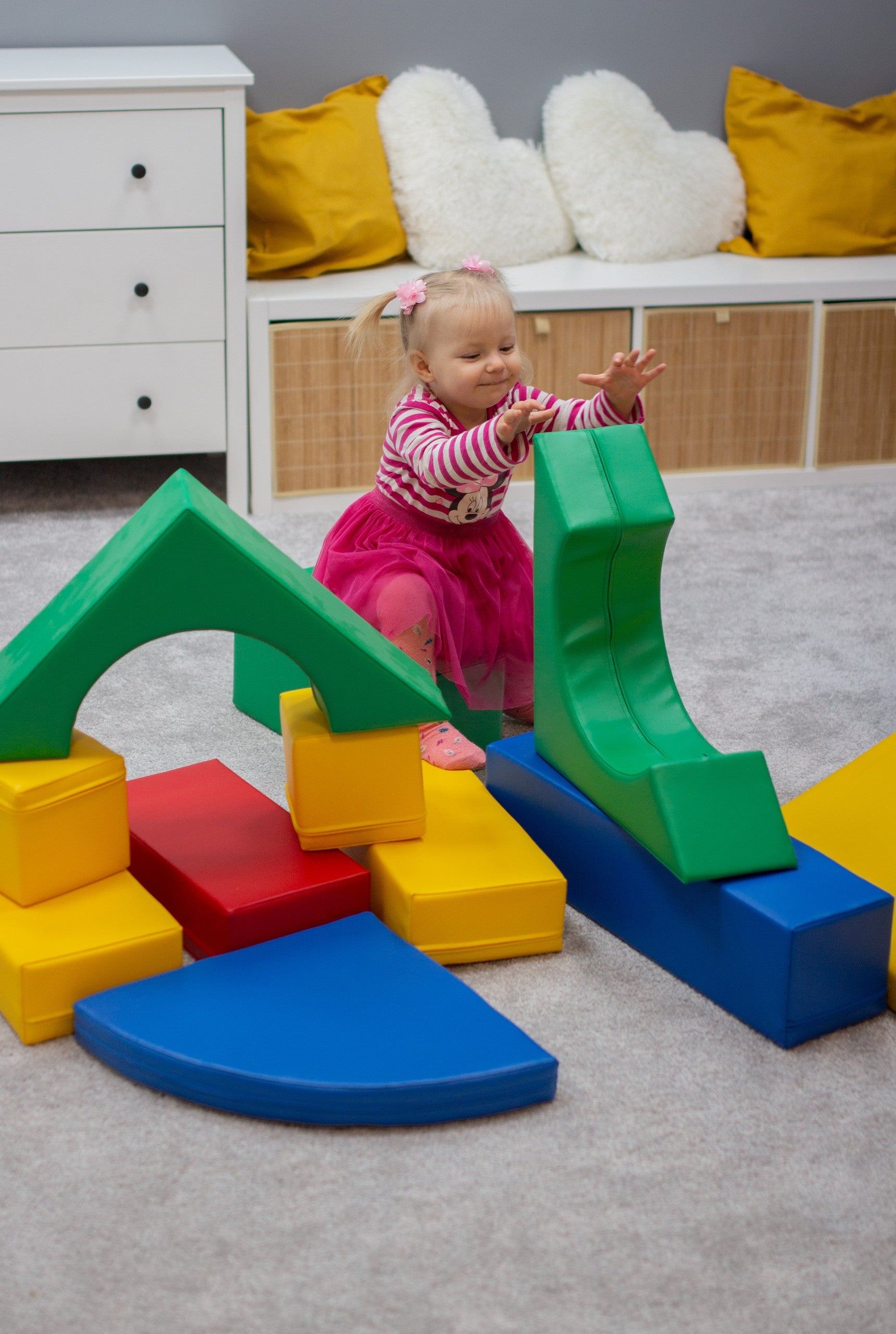 a functional layout of iglu soft foam blocks showing their various shapes and sizes for building