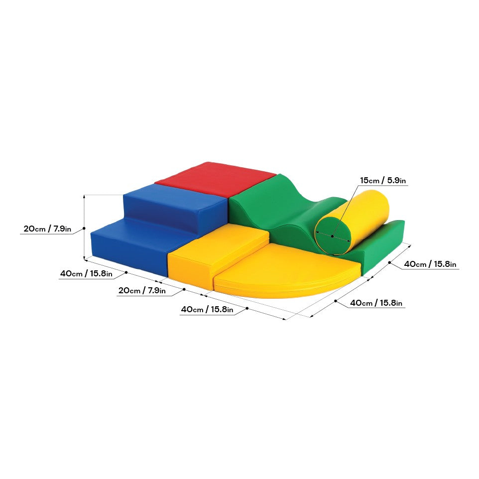 a child's hand building a vibrant iglu foam block tower in a sunlit playroom