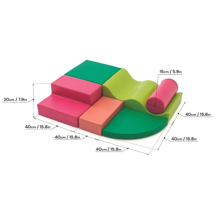 a soft pink and green foam block set arranged in a gentle, inviting stack for a toddler's play space