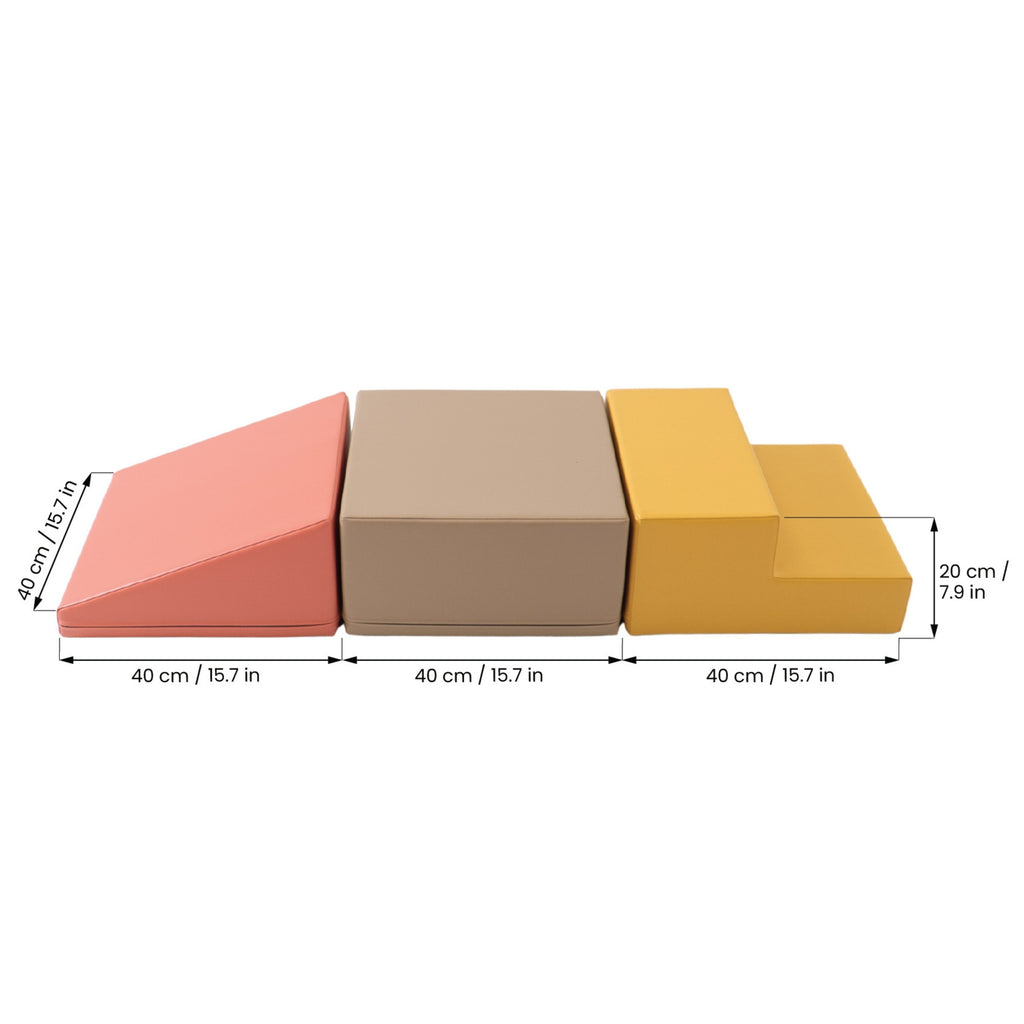 soft pink foam climbing blocks arranged in a functional layout for a toddler's motor skill development