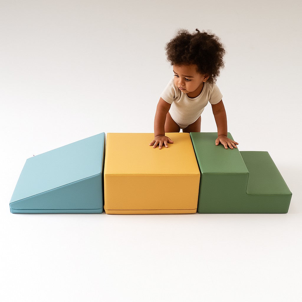 a soft pastel turquoise foam block set in a cozy, sunlit nursery corner
