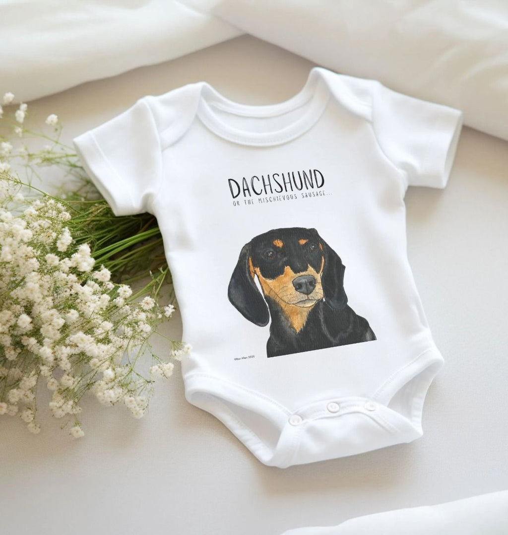 Mischievous Hot Dog Baby Bodysuit – Too Cute to Handle! Black & Tan Dachshund