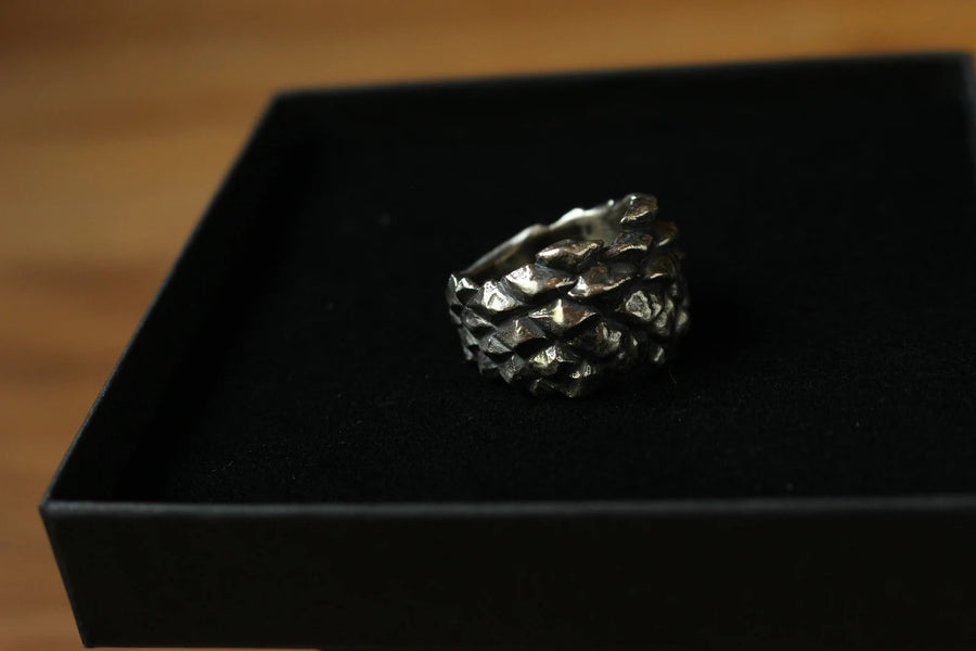 Handcrafted Silver Pine Cone Ring – Dragon Scale Texture by Hvitolg at www.brixbailey.com