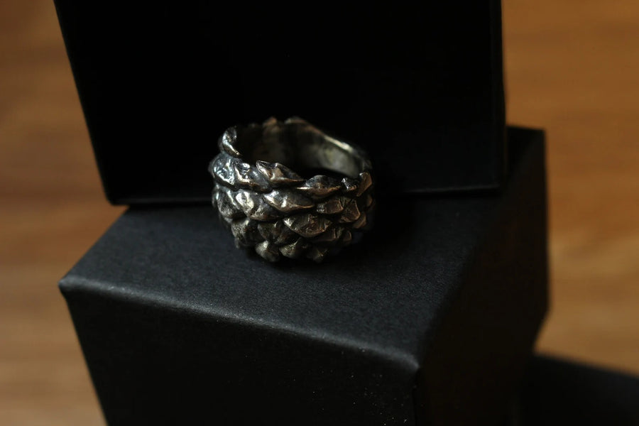 Handcrafted Silver Pine Cone Ring – Dragon Scale Texture by Hvitolg at www.brixbailey.com