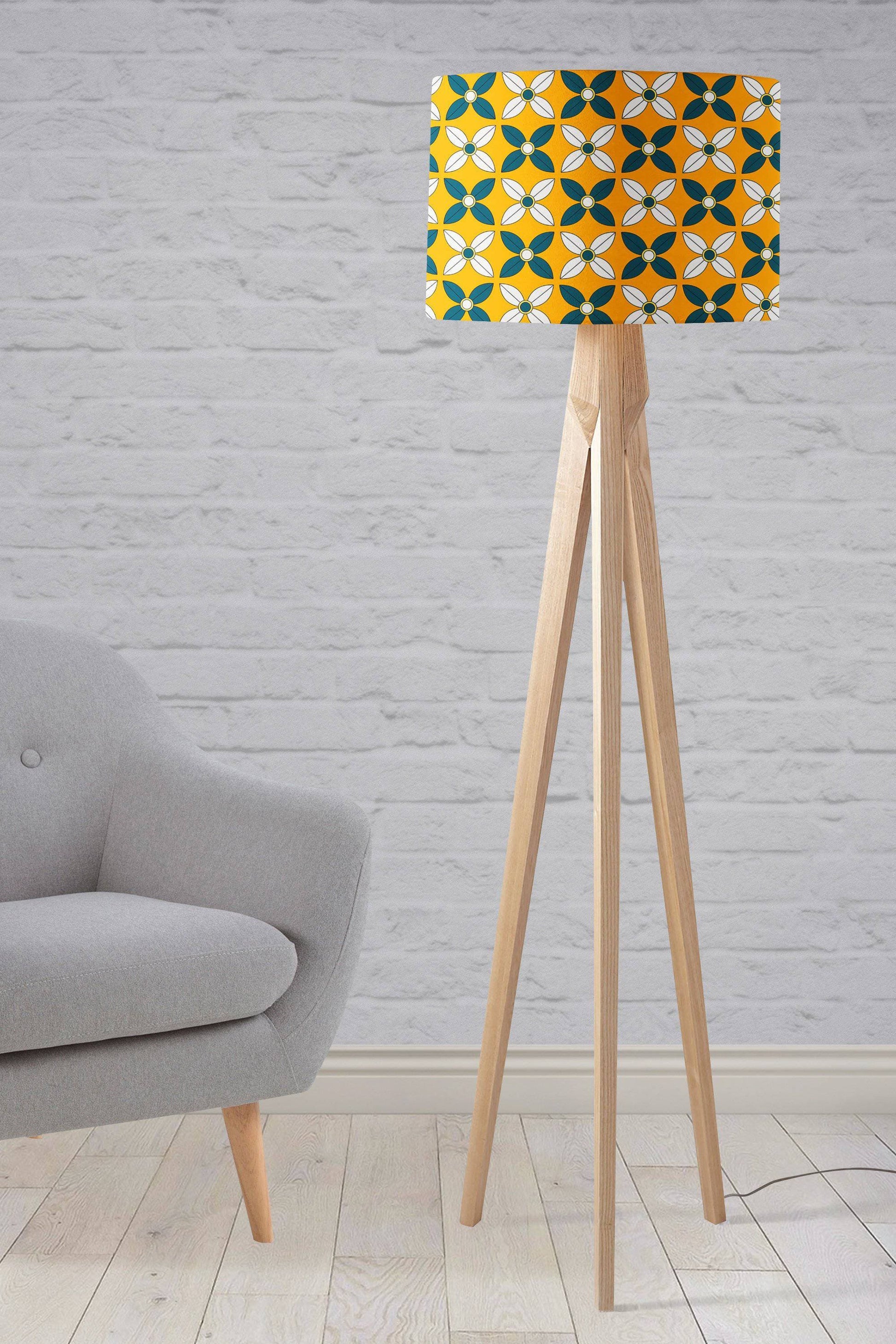 Yellow Lampshade with a  Retro Blue and White Design, Ceiling or Table Lamp Shade
