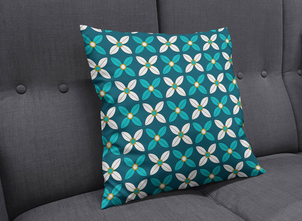 Dark Blue Cushion with White and Blue Geometric Floral Design, Throw Pillow