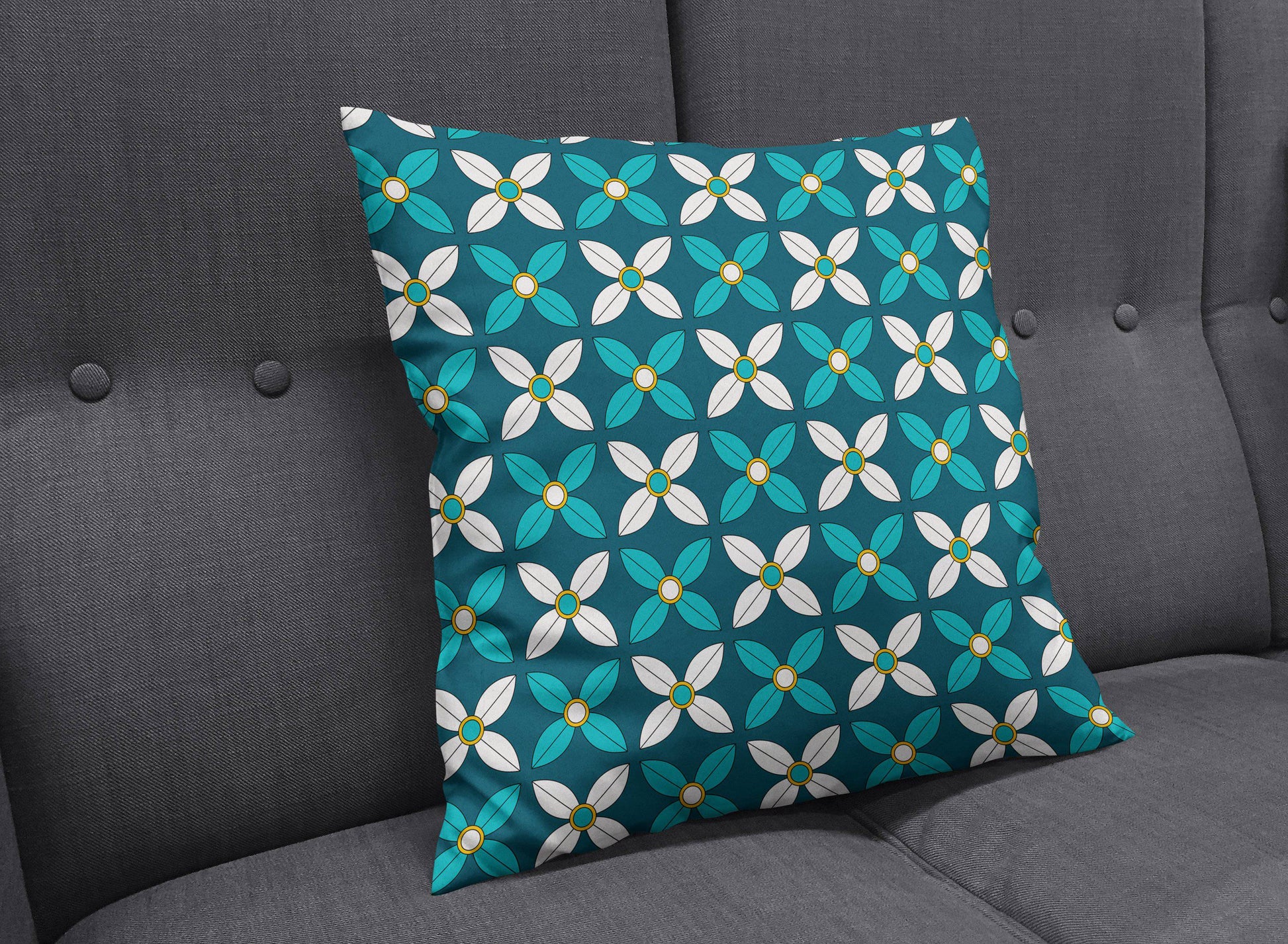 Dark Blue Cushion with White and Blue Geometric Floral Design, Throw Pillow