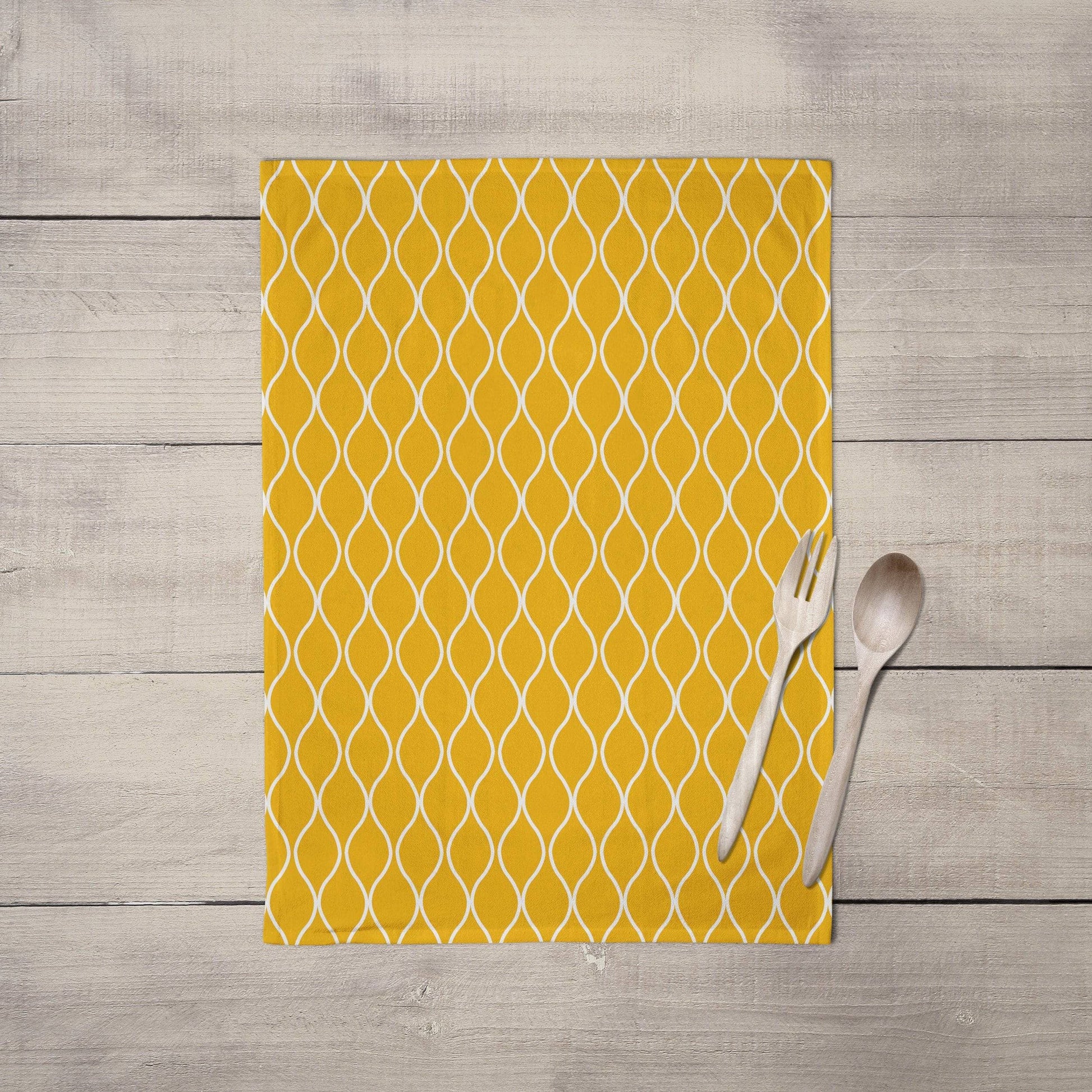 Mustard Yellow Tea Towel with a White Geometric Design, Dish Towel, Kitchen Towel