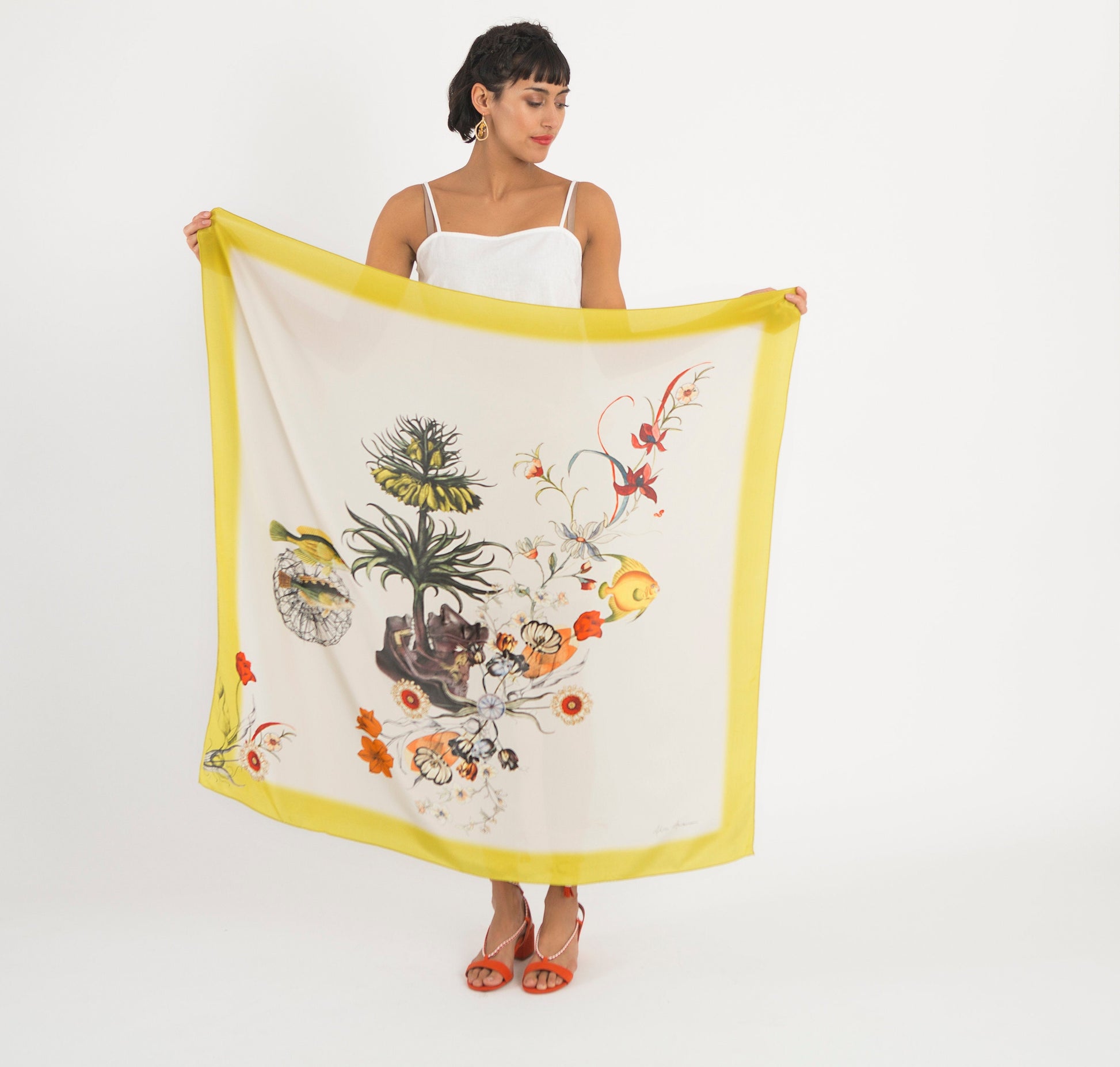 Lime Green Large Square Silk Scarf with Botanical Illustration