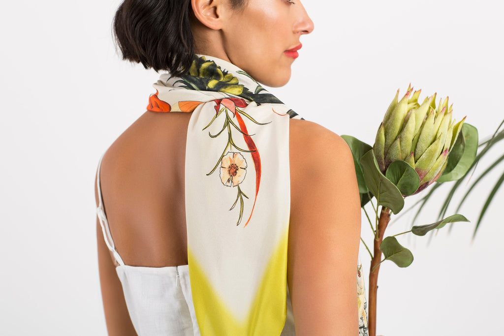 Lime Green Large Square Silk Scarf with Botanical Illustration
