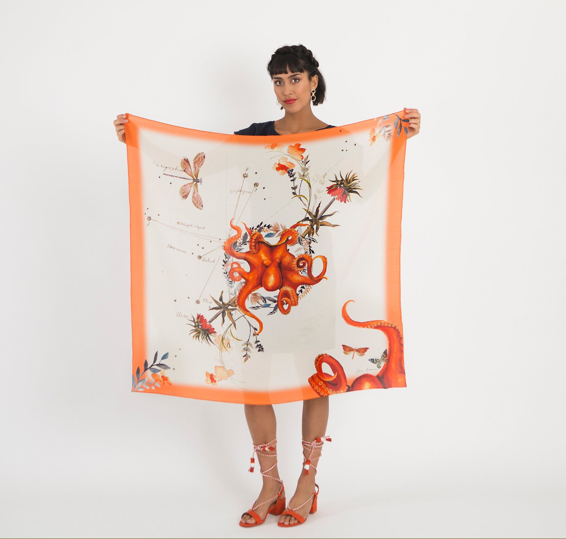 Orange Silk Scarf with Hand-Painted Octopus and Star Chart